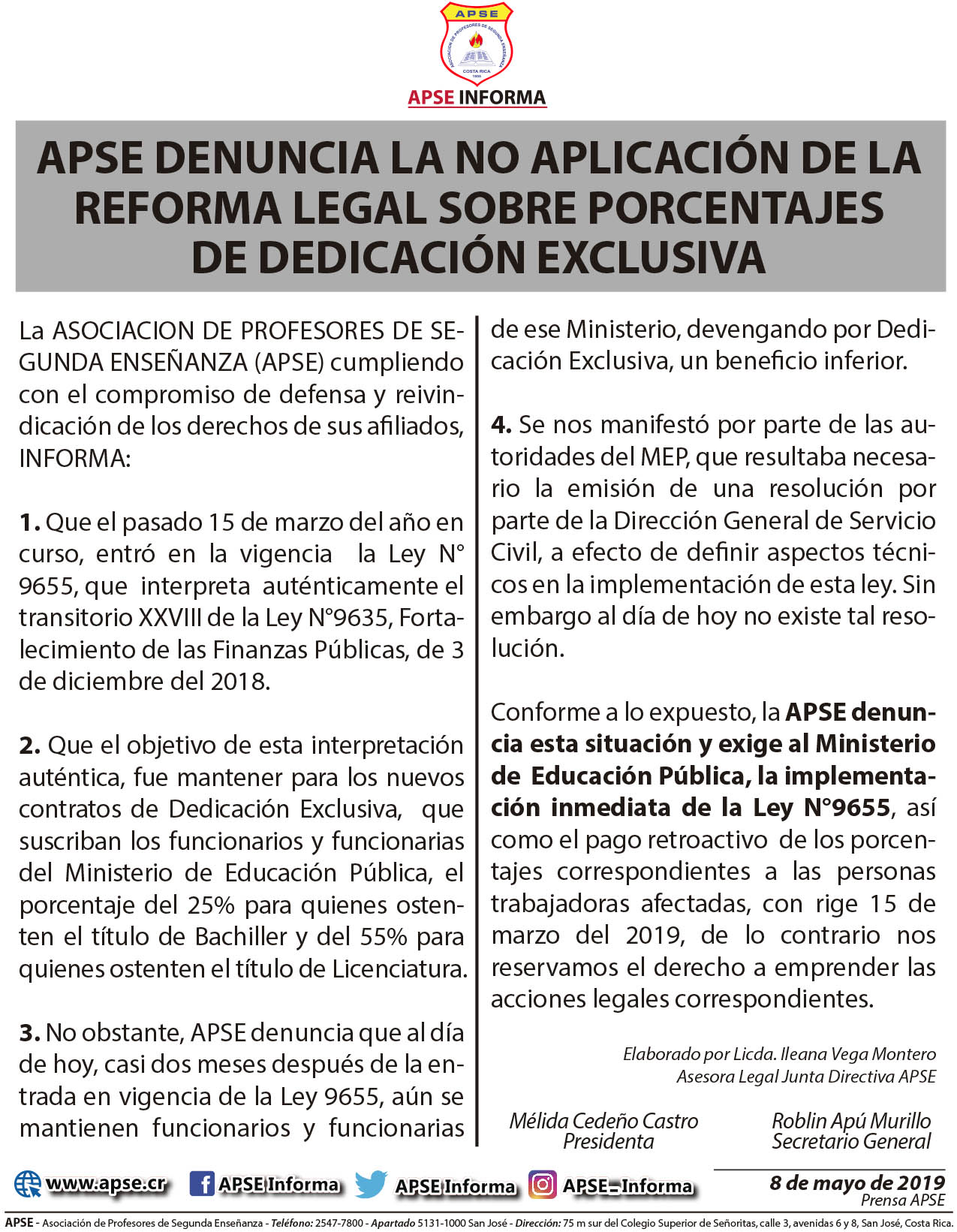 Apse Denuncia La No Aplicaci N De La Reforma Legal Sobre Porcentajes De