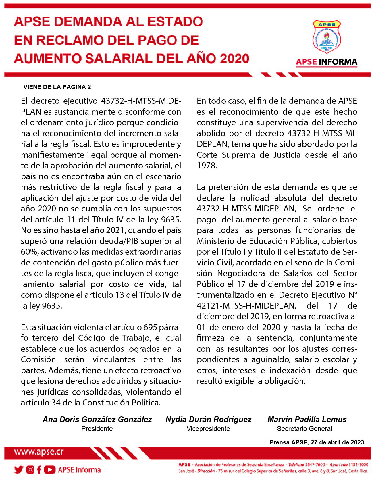 Apse Demanda Al Estado En Reclamo Del Pago De Aumento Salarial Del A O