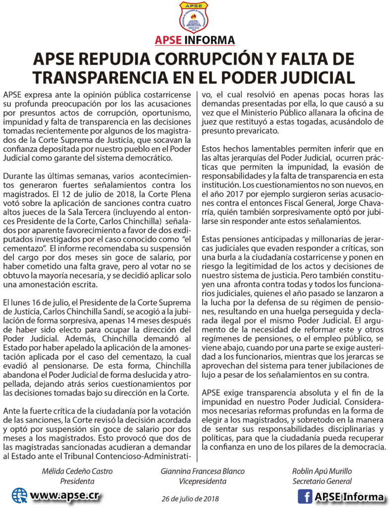 APSE REPUDIA CORRUPCIÓN Y FALTA DE TRANSPARENCIA EN EL PODER JUDICIAL ...