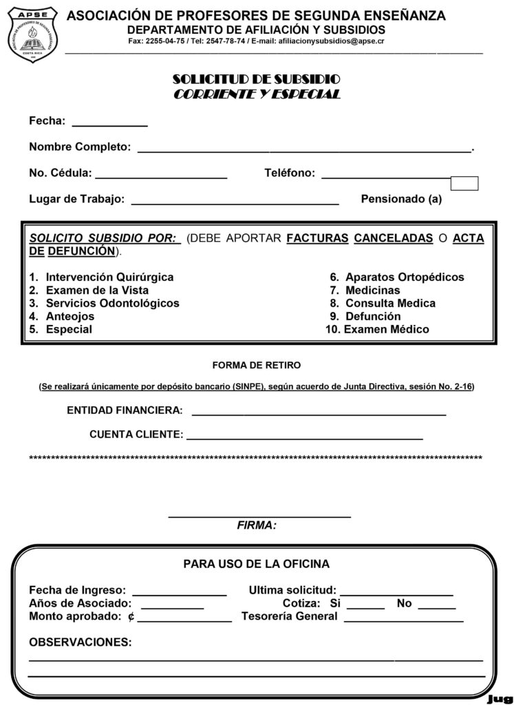 DEPARTAMENTO DE AFILIACIÓN Y SUBSIDIOS – APSE Asociación De Profesores ...