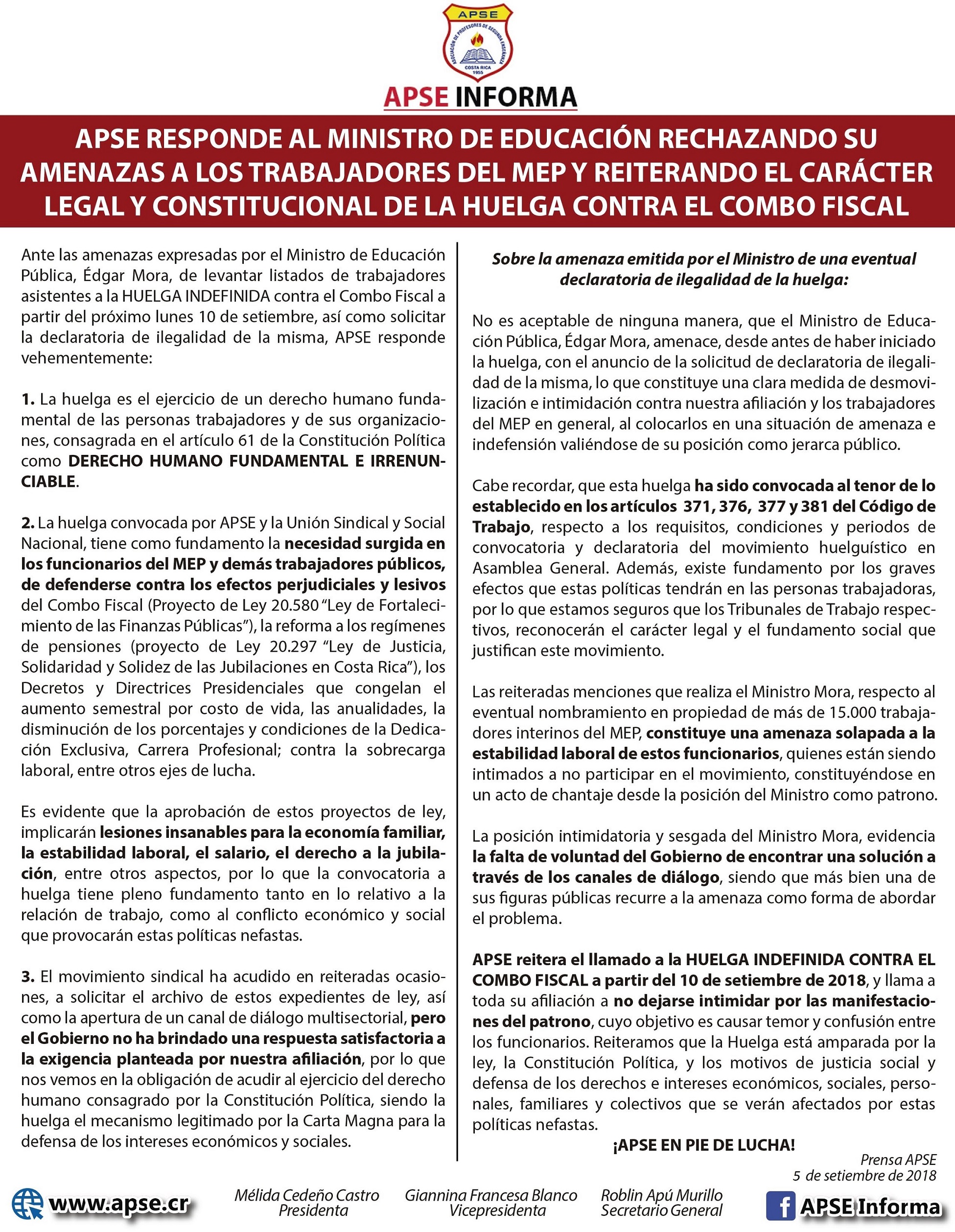 APSE RESPONDE AL MINISTRO DE EDUCACIÓN RECHAZANDO SU AMENAZAS A LOS ...