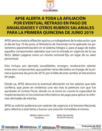 APSE ALERTA A TODA LA AFILIACIÓN POR EVENTUAL RETRASO EN PAGO DE ...
