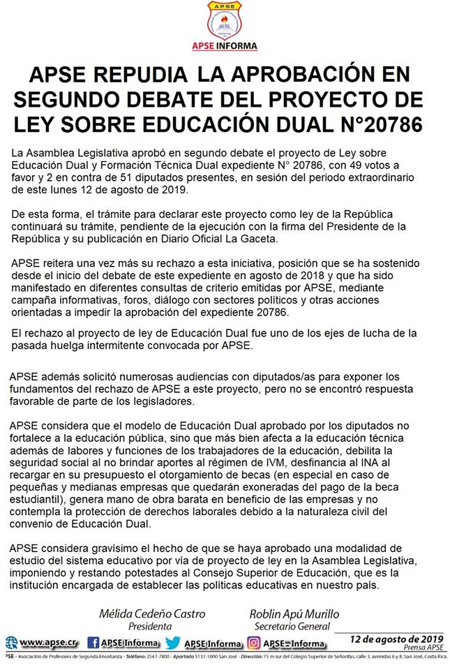 EDUCACIÓN DUAL, TRAMPA LABORAL – APSE Asociación de Profesores de Segunda  Enseñanza – Costa Rica