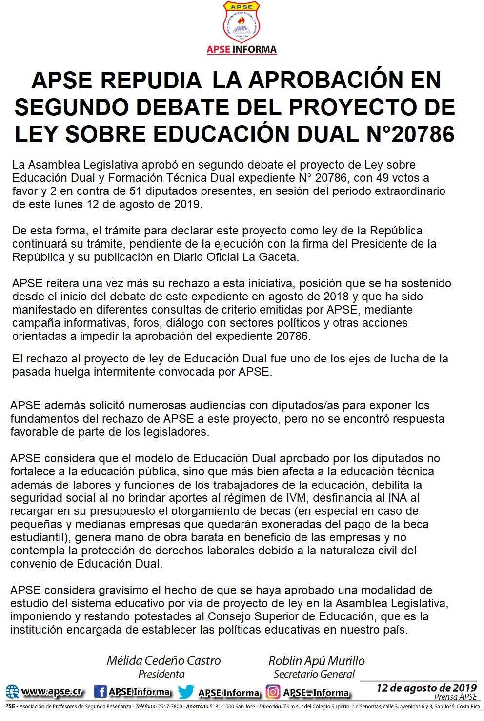 Apse Repudia La Aprobacion En Segundo Debate Del Proyecto De Ley Sobre Educacion Dual N 786 Apse Asociacion De Profesores De Segunda Ensenanza Costa Rica