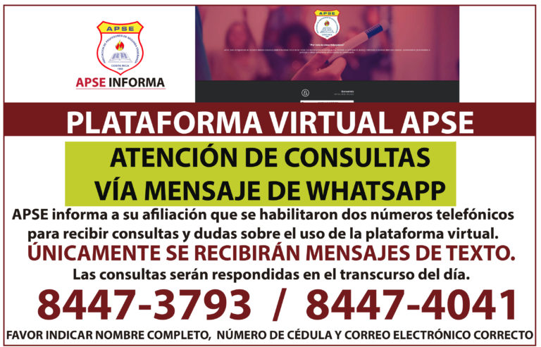 PLATAFORMA VIRTUAL APSE – ATENCIÓN DE CONSULTAS VÍA MENSAJE DE WHATSAPP ...