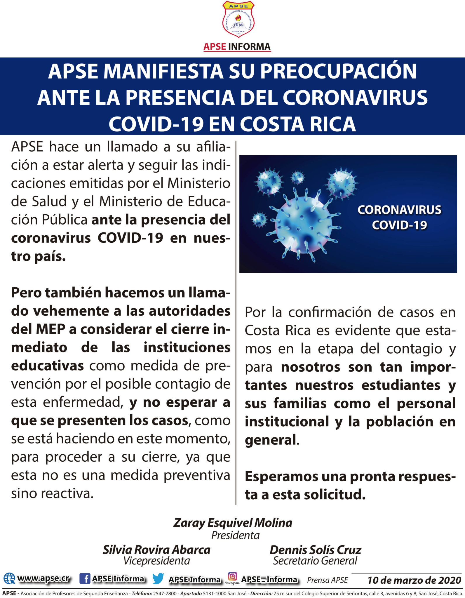 APSE MANIFIESTA SU PREOCUPACIÓN ANTE LA PRESENCIA DEL CORONAVIRUS COVID