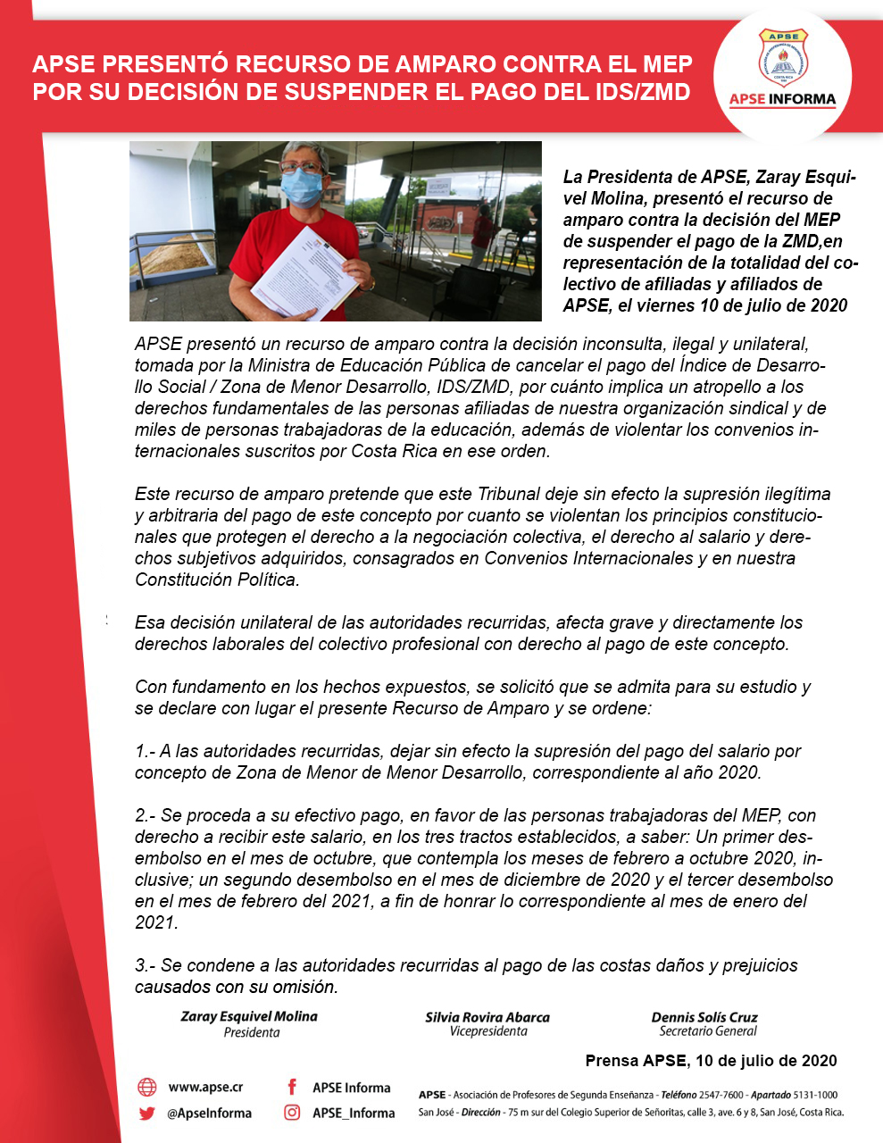 APSE PRESENTÓ RECURSO DE AMPARO CONTRA EL MEP POR SU DECISIÓN DE ...