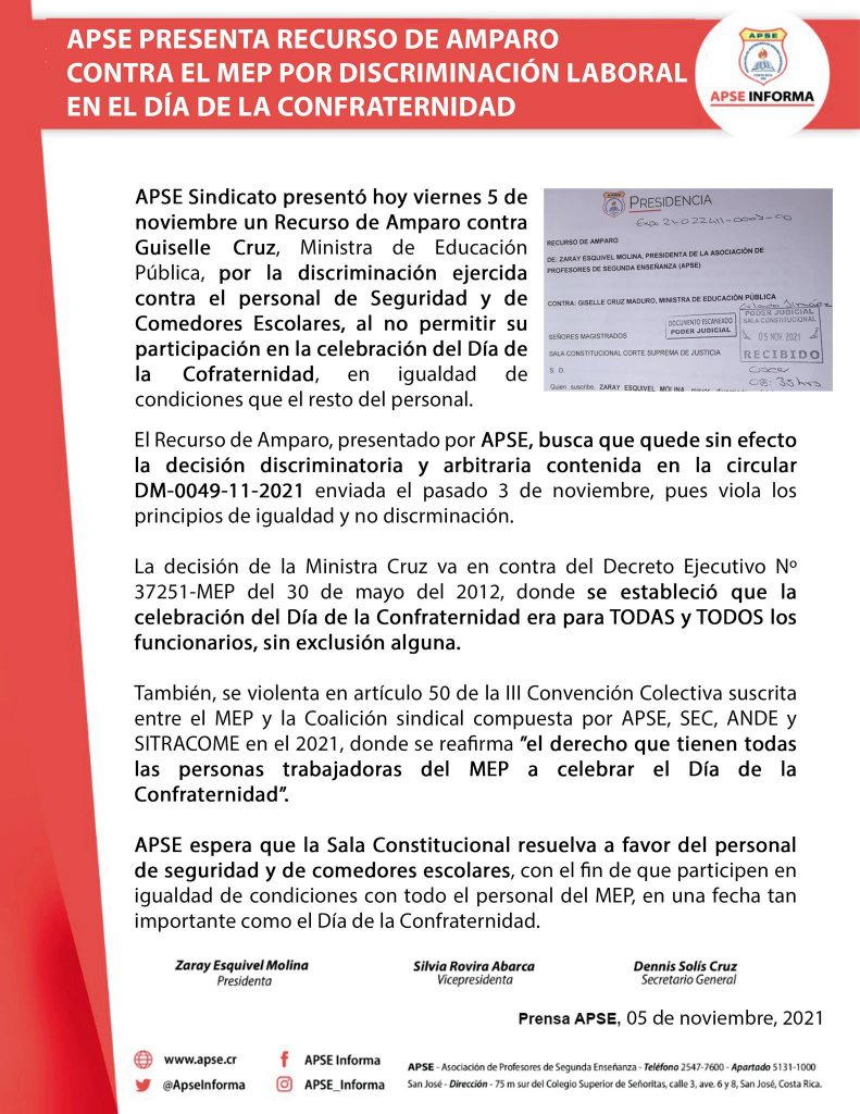 APSE PRESENTA RECURSO DE AMPARO CONTRA EL MEP POR DISCRIMINACIÓN ...