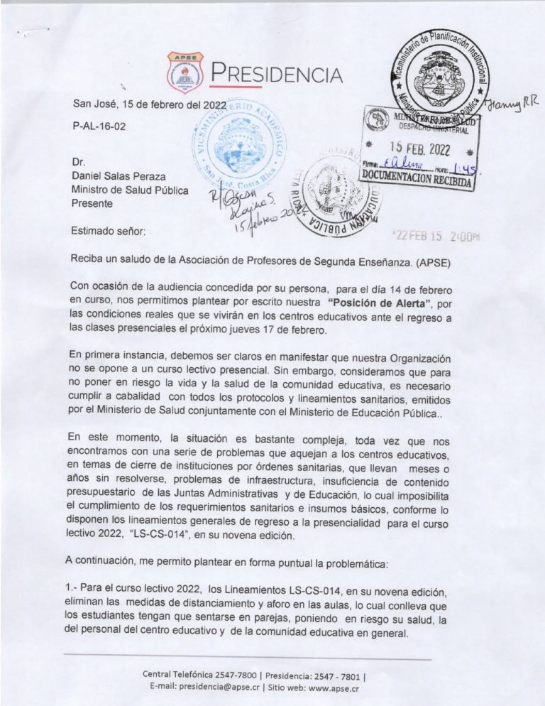 APSE SOLICITA LA INTERVENCIÓN DEL MINISTERIO DE SALUD PARA QUE DE FORMA ...