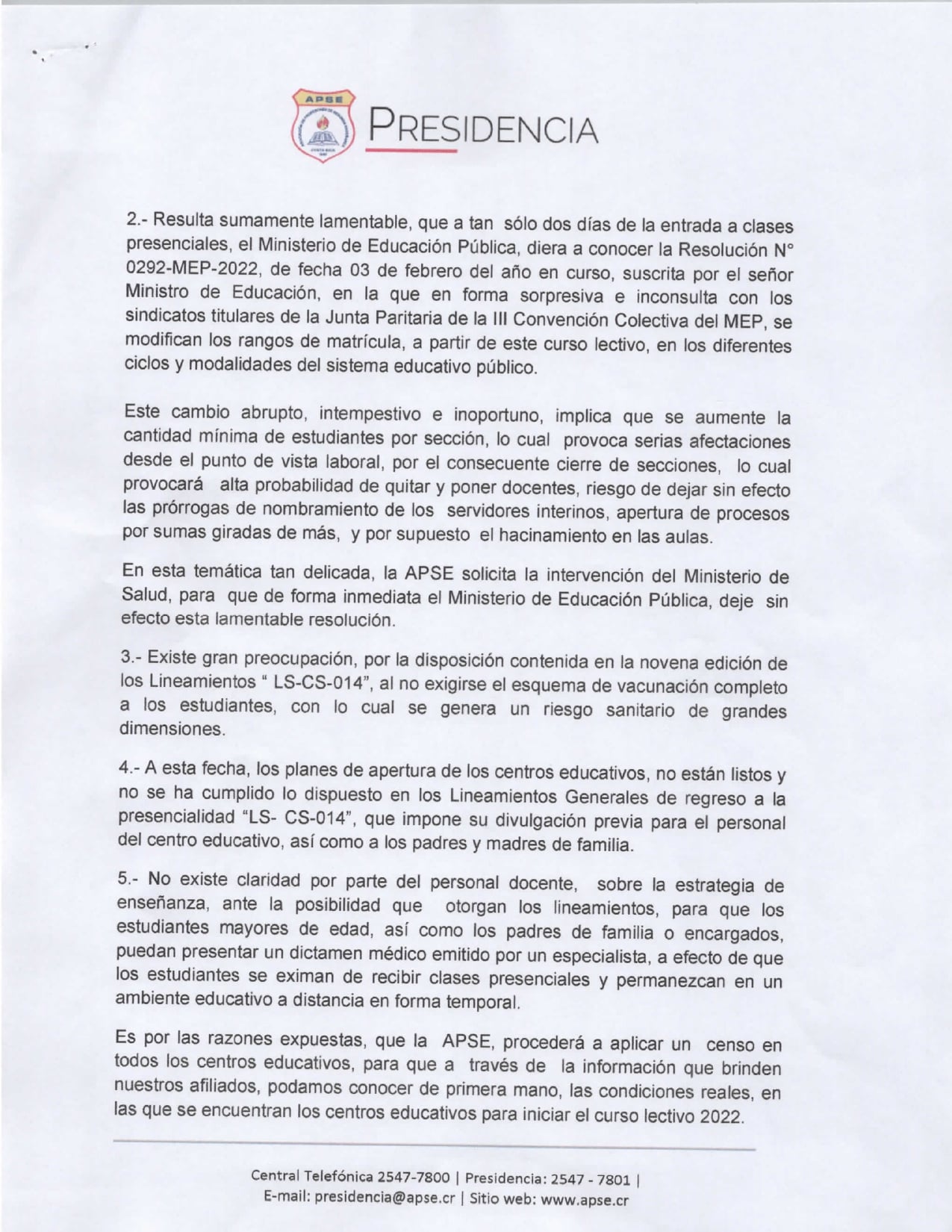 APSE SOLICITA LA INTERVENCIÓN DEL MINISTERIO DE SALUD PARA QUE DE FORMA ...