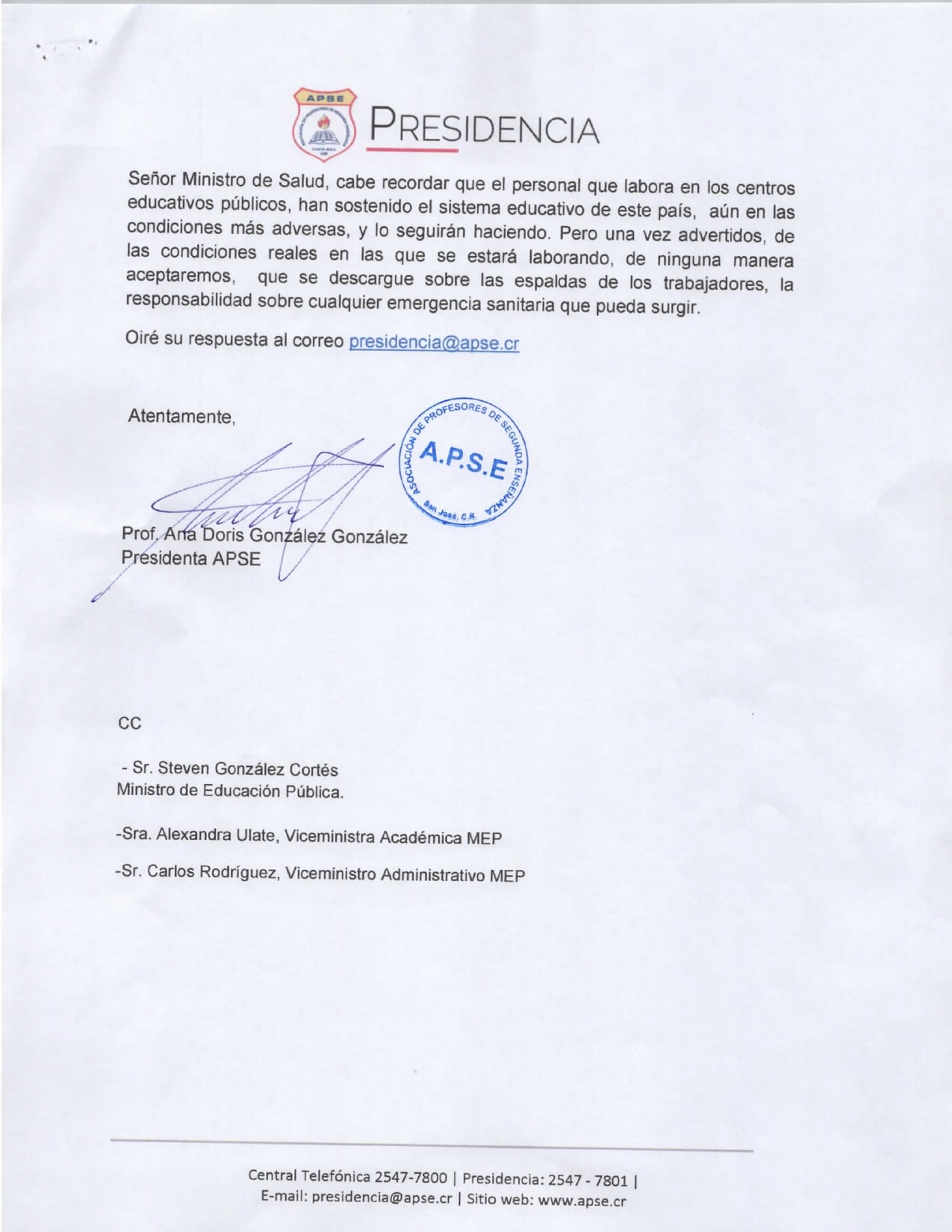 APSE SOLICITA LA INTERVENCIÓN DEL MINISTERIO DE SALUD PARA QUE DE FORMA ...