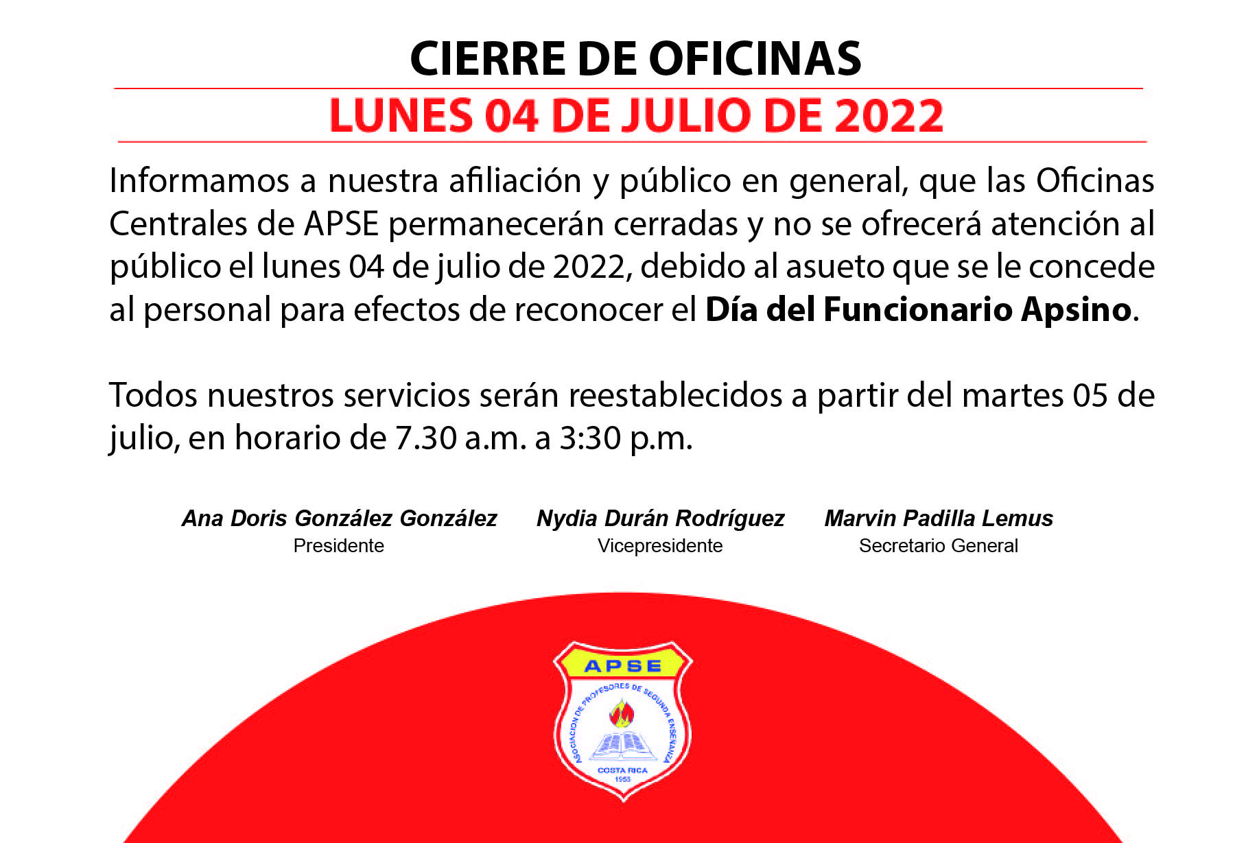 CIERRE DE OFICINAS, LUNES 04 DE JULIO DE 2022