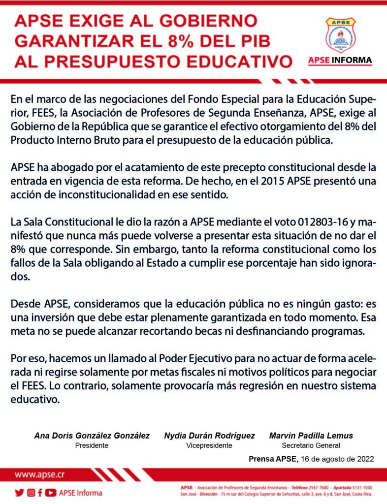 APSE EXIGE AL GOBIERNO GARANTIZAR EL 8% DEL PIB AL PRESUPUESTO DE ...