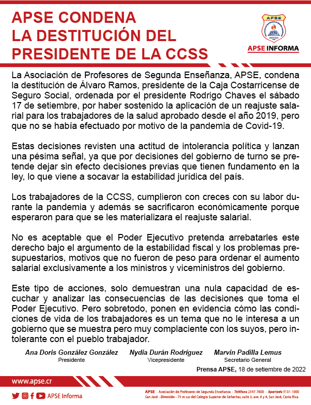 APSE CONDENA LA DESTITUCIÓN DEL PRESIDENTE DE LA CCSS