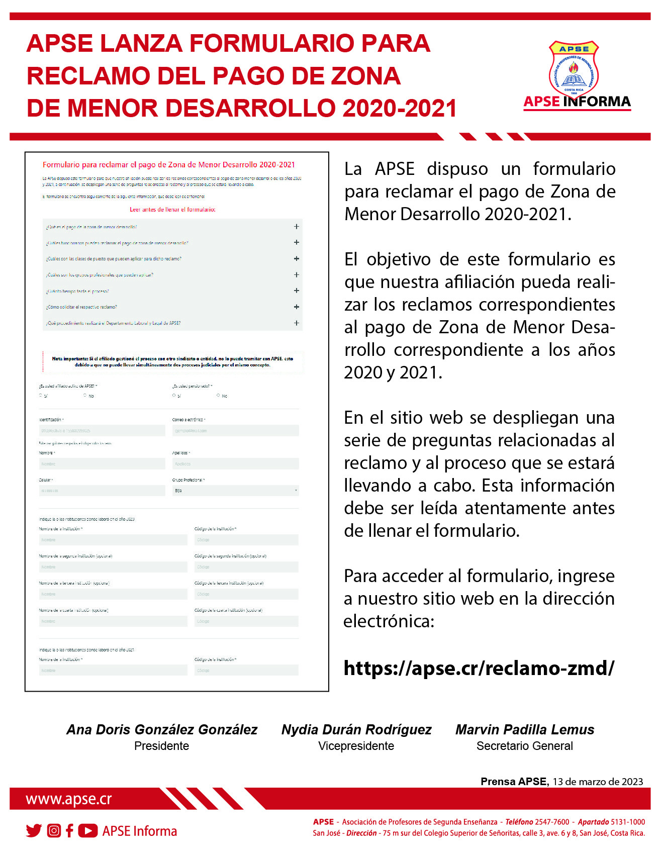 APSE LANZA FORMULARIO PARA<br>RECLAMO DEL PAGO DE ZONA<br>DE MENOR DESARROLLO 2020-2021