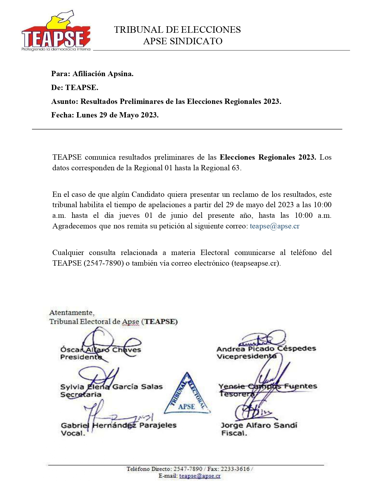 Resultados Preliminares de las Elecciones Regionales 2023 APSE