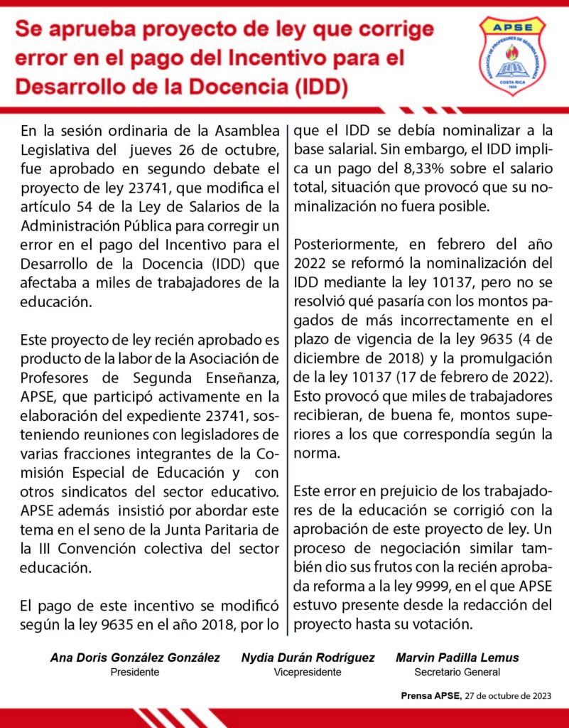 Se aprueba proyecto de ley que corrige error en el pago del IDD – APSE ...