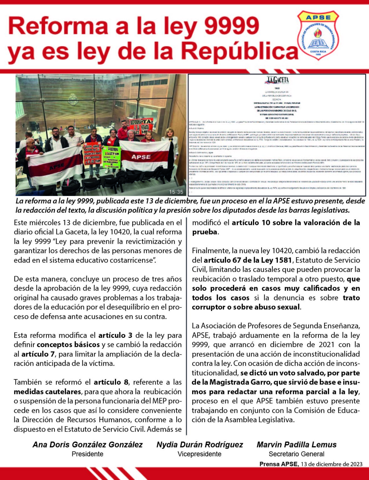 Reforma a la ley 9999 ya es ley de la República – APSE Asociación de ...
