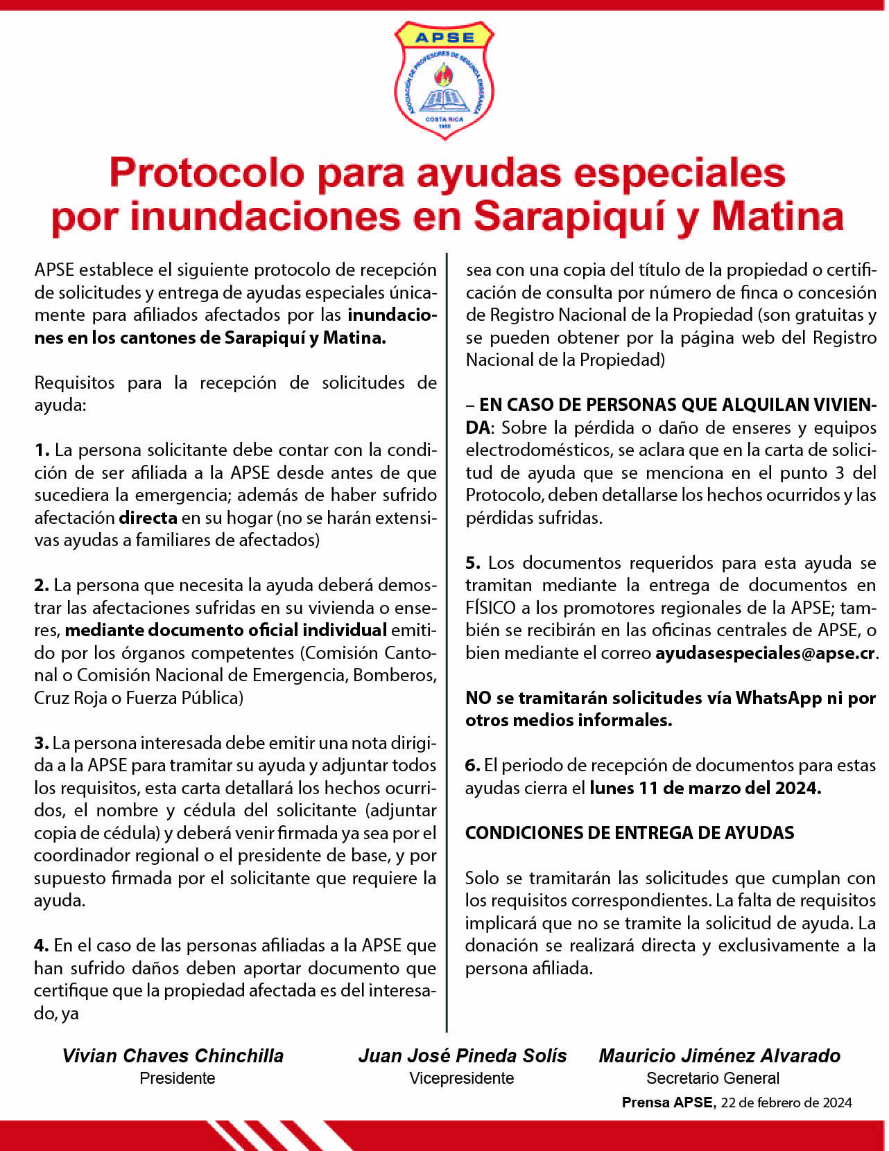 Protocolo para ayudas especiales por inundaciones en Sarapiquí y Matina