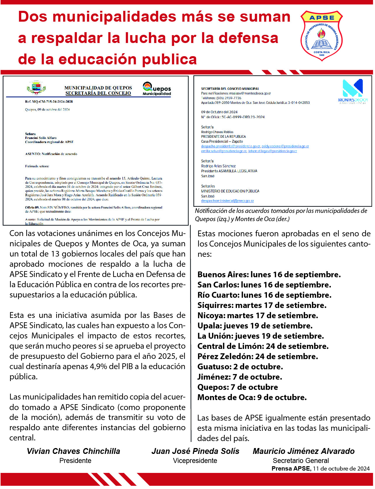 Dos municipalidades más se suman a respaldar la lucha por la defensa de la educación publica