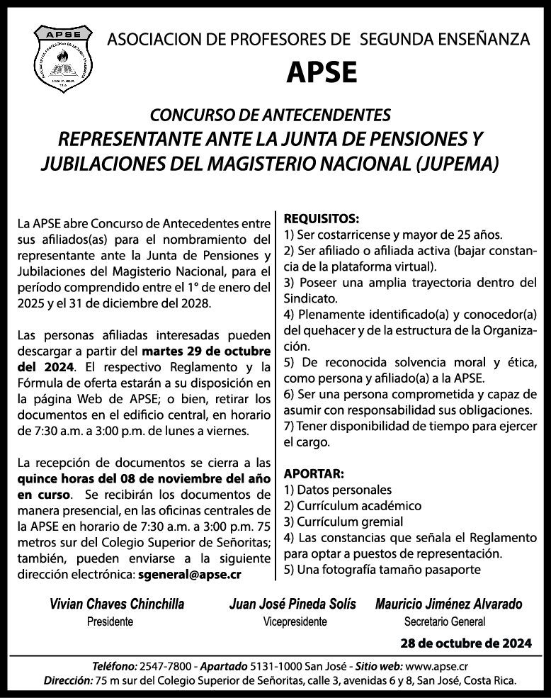 CONCURSO DE ANTECENDENTES – REPRESENTANTE ANTE LA JUNTA DE PENSIONES Y JUBILACIONES DEL MAGISTERIO NACIONAL (JUPEMA)