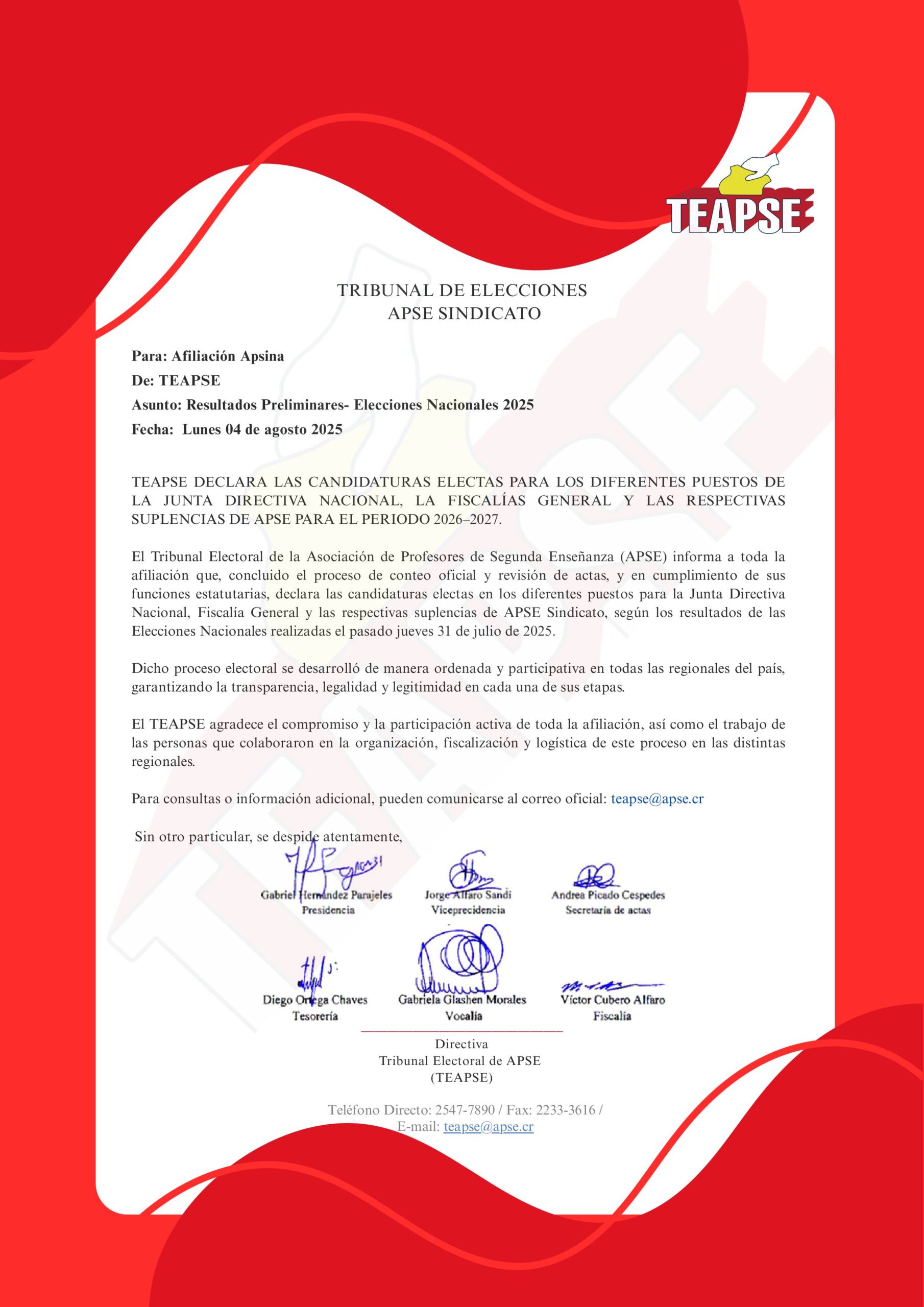 TEAPSE informa: Resultados Preliminares- Elecciones Nacionales 2025.
