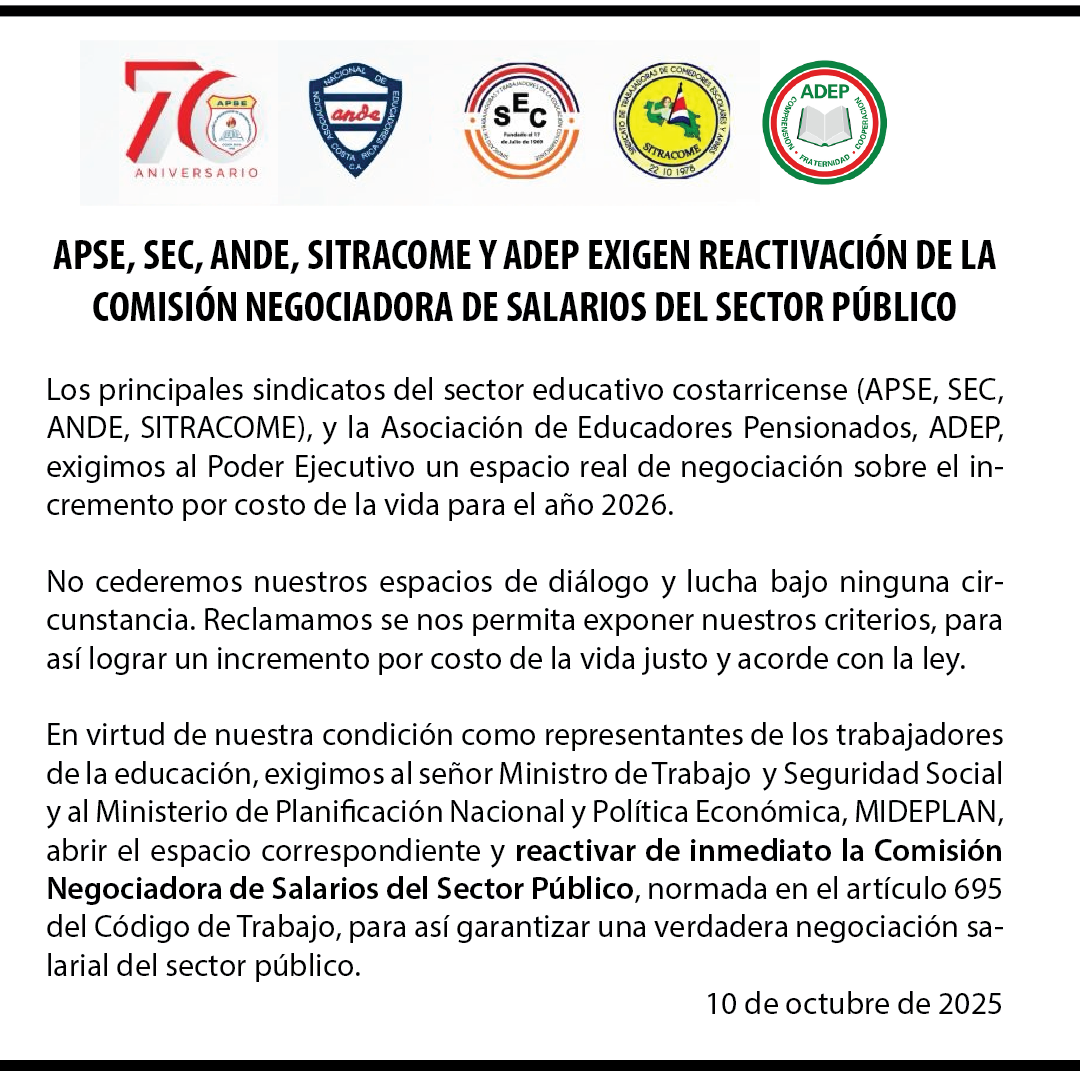 APSE, SEC, ANDE, SITRACOME Y ADEP EXIGEN REACTIVACIÓN DE LA COMISIÓN NEGOCIADORA DE SALARIOS DEL SECTOR PÚBLICO
