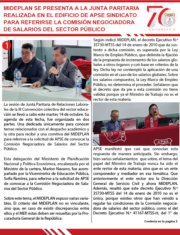 MIDEPLAN SE PRESENTA A LA JUNTA PARITARIA REALIZADA EN EL EDIFICIO DE APSE SINDICATO PARA REFERIRSE LA COMISIÓN NEGOCIADORA DE SALARIOS DEL SECTOR PÚBLICO