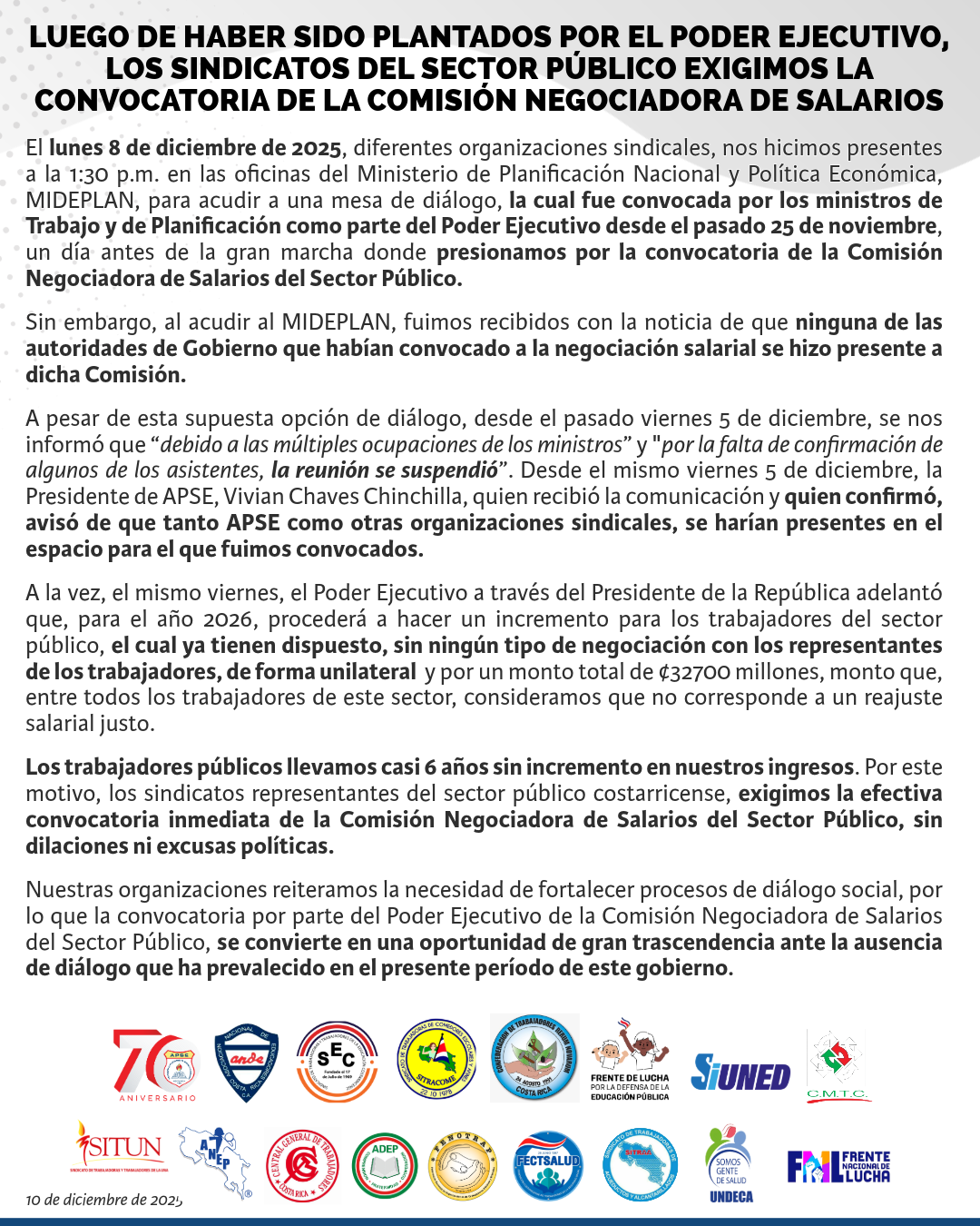 LUEGO DE HABER SIDO PLANTADOS POR EL PODER EJECUTIVO, LOS SINDICATOS DEL SECTOR PÚBLICO EXIGIMOS LA CONVOCATORIA DE LA COMISIÓN NEGOCIADORA DE SALARIOS