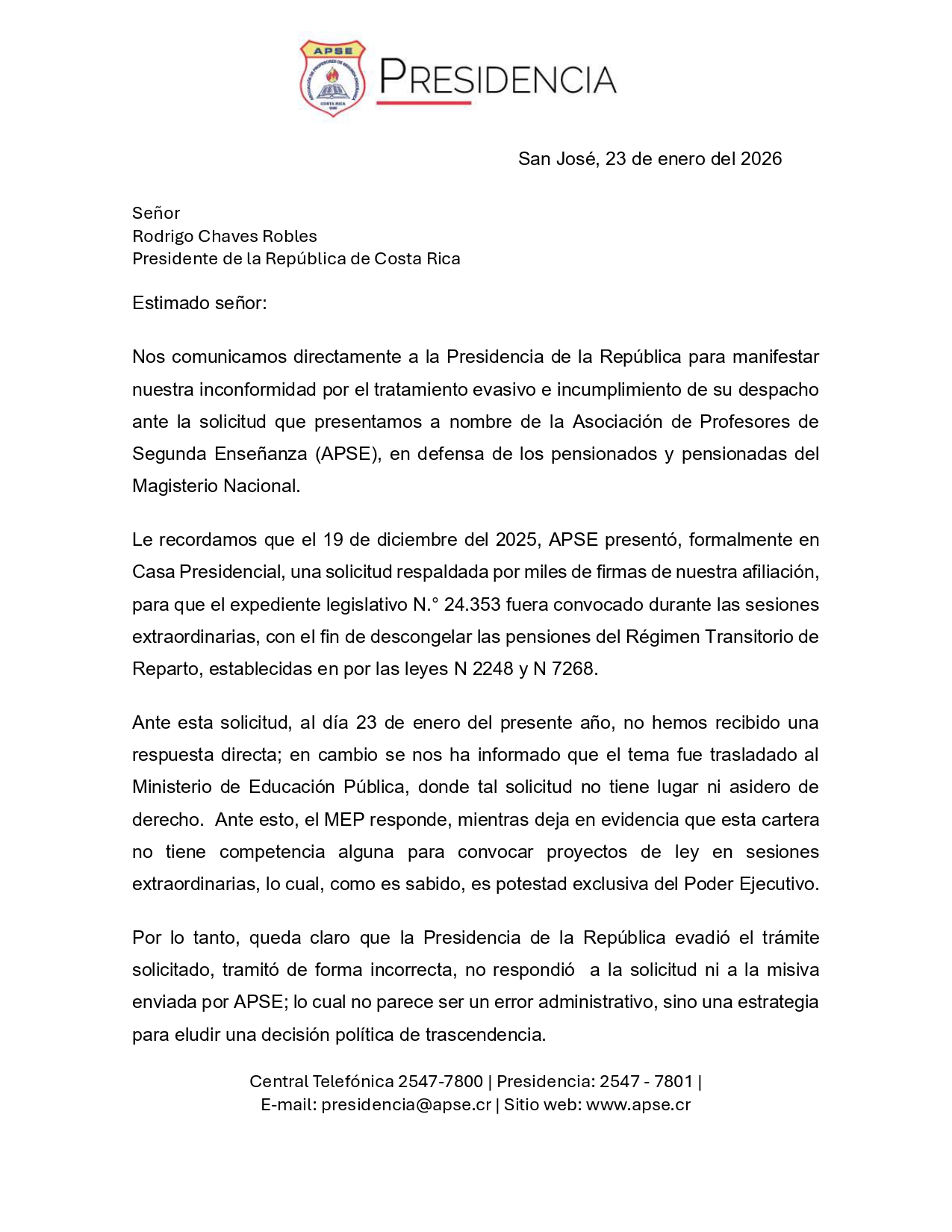 APSE Sindicato reclama al Gobierno por no convocar un proyecto de ley para descongelar las pensiones del Régimen Transitorio de Reparto