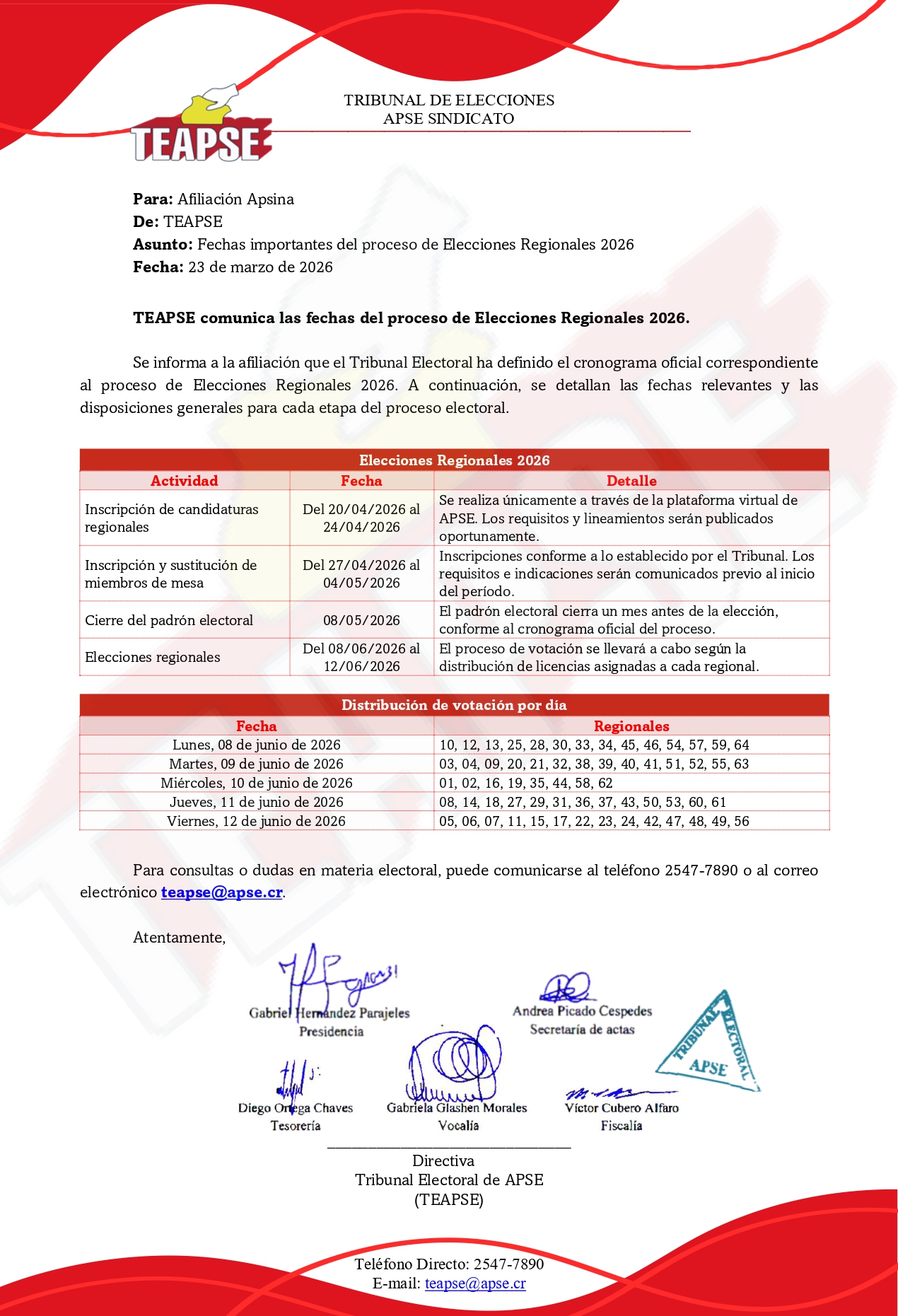 TEAPSE Informa: Fechas importantes del proceso de Elecciones Regionales 2026