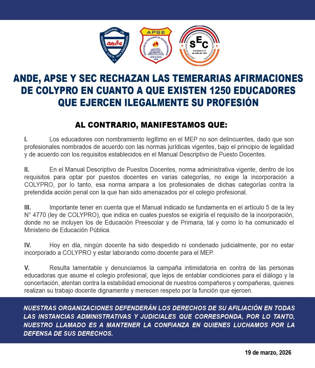 𝗔𝗡𝗗𝗘, 𝗔𝗣𝗦𝗘 𝗬 𝗦𝗘𝗖 𝗥𝗘𝗖𝗛𝗔𝗭𝗔𝗡 𝗟𝗔𝗦 𝗧𝗘𝗠𝗘𝗥𝗔𝗥𝗜𝗔𝗦 𝗔𝗙𝗜𝗥𝗠𝗔𝗖𝗜𝗢𝗡𝗘𝗦 𝗗𝗘 𝗖𝗢𝗟𝗬𝗣𝗥𝗢 𝗘𝗡 𝗖𝗨𝗔𝗡𝗧𝗢 𝗔 𝗤𝗨𝗘 𝗘𝗫𝗜𝗦𝗧𝗘𝗡 𝟭𝟮𝟱𝟬 𝗘𝗗𝗨𝗖𝗔𝗗𝗢𝗥𝗘𝗦 𝗤𝗨𝗘 𝗘𝗝𝗘𝗥𝗖𝗘𝗡 𝗜𝗟𝗘𝗚𝗔𝗟𝗠𝗘𝗡𝗧𝗘 𝗦𝗨 𝗣𝗥𝗢𝗙𝗘𝗦𝗜Ó𝗡