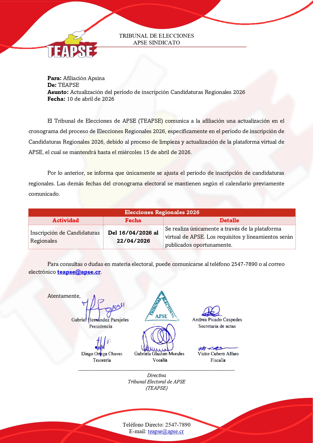TEAPSE Informa: Actualización del período de inscripción Candidaturas Regionales 2026