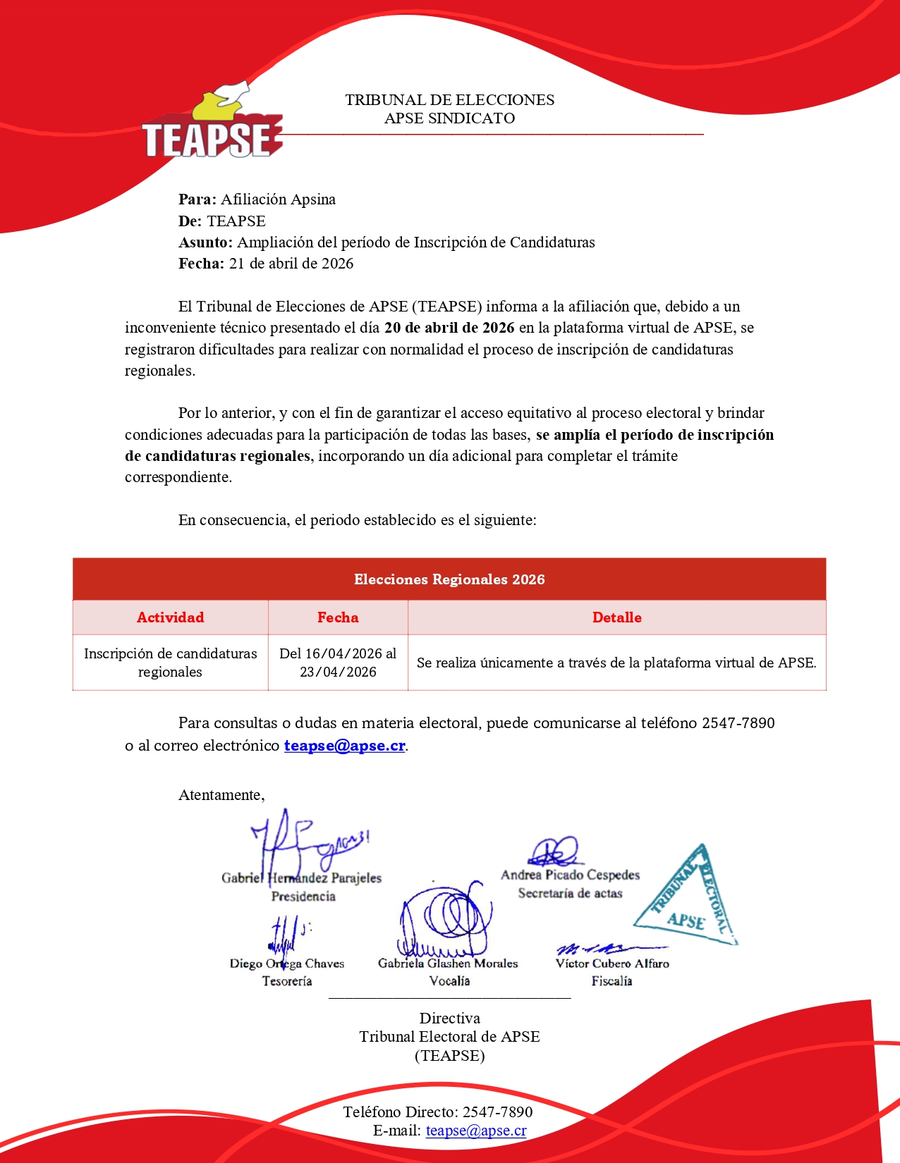 TEAPSE Informa: Ampliación del período de Inscripción de Candidaturas