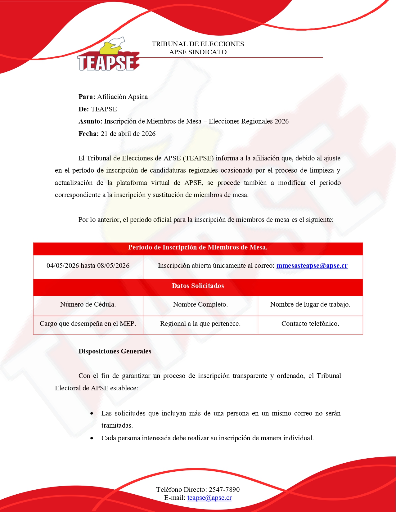 TEAPSE Informa: Inscripción de Miembros de Mesa – Elecciones Regionales 2026