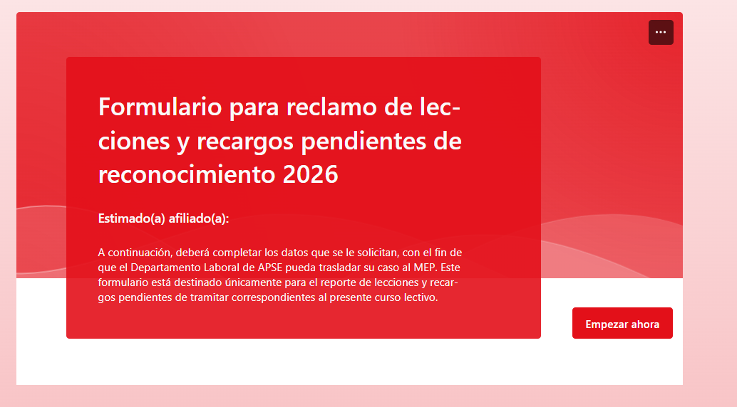 FORMULARIO PARA REPORTES DE LECCIONES Y RECARGOS PENDIENTES DE TRAMITAR O DE RECONOCIMIENTO DEL CURSO LECTIVO 2026