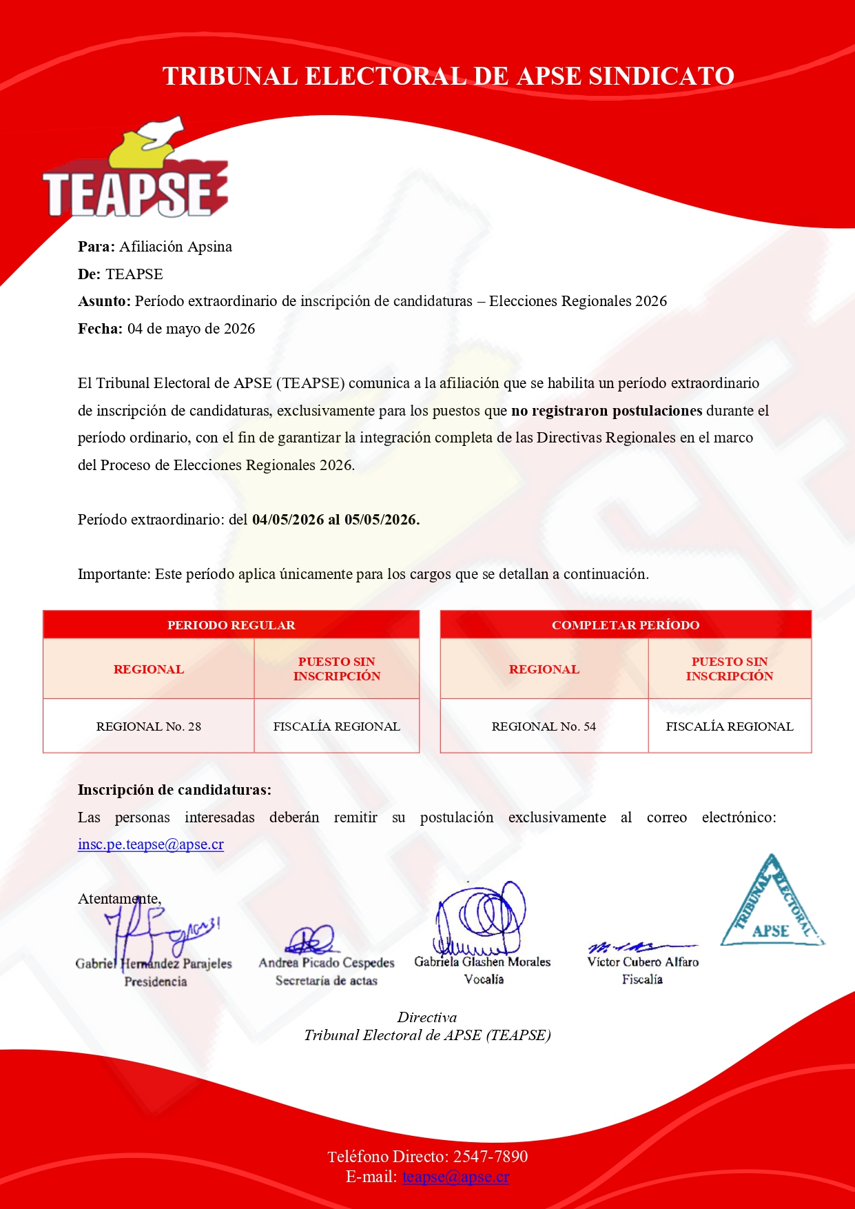 TEAPSE informa: Período extraordinario de inscripción de candidaturas – Elecciones Regionales 2026
