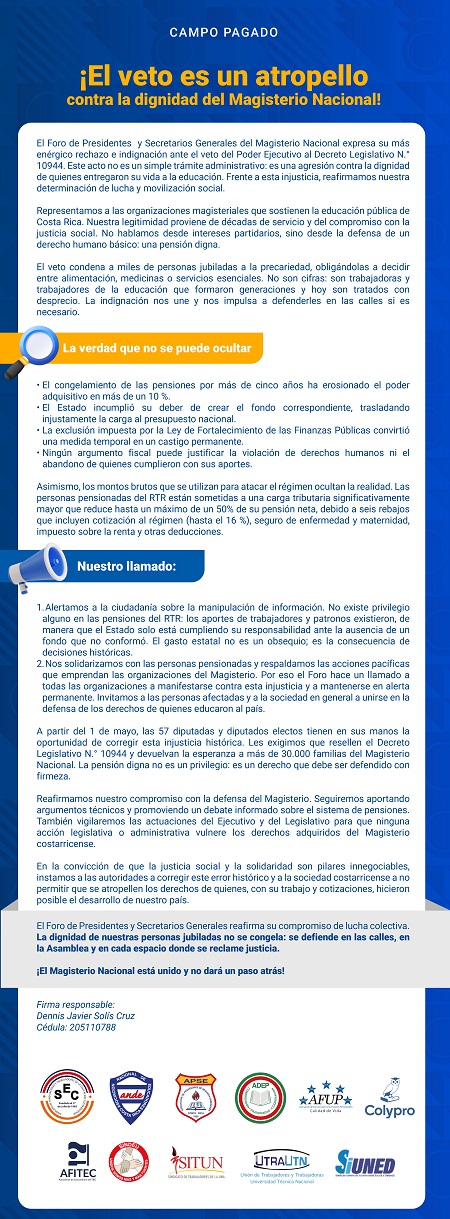 ¡El veto es un atropello contra la dignidad del Magisterio Nacional!