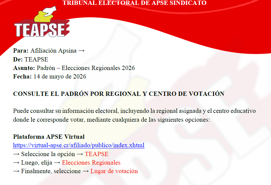 TEAPSE Informa: Padrón para Elecciones Regionales 2026