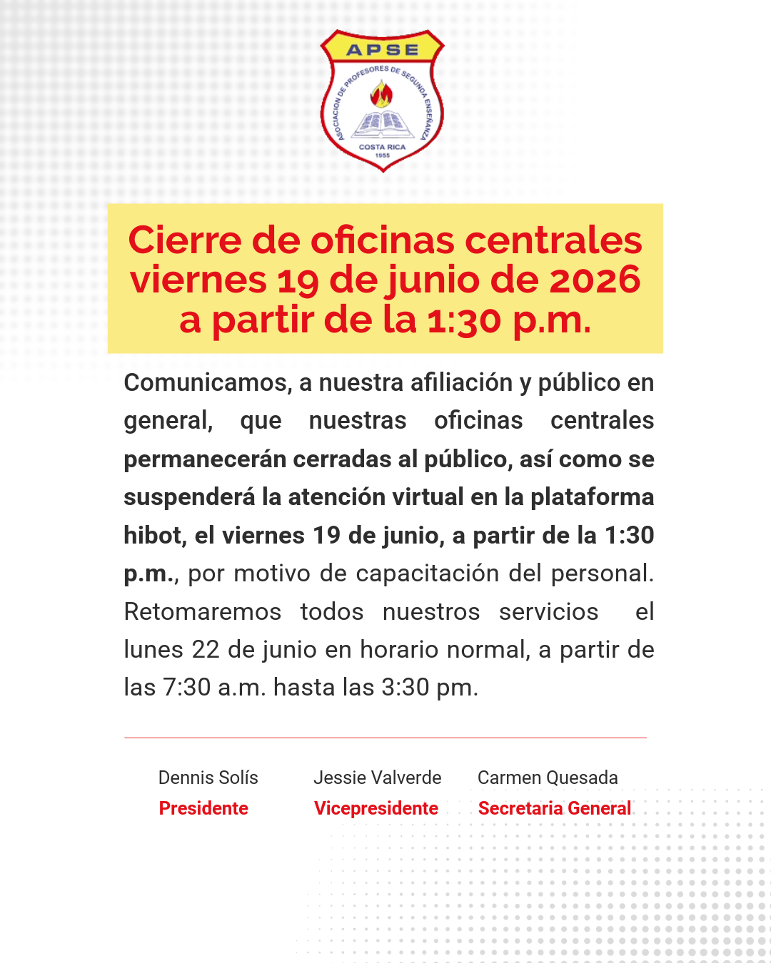 Cierre de oficinas centrales viernes 19 de junio de 2026a partir de la 1:30 p.m.