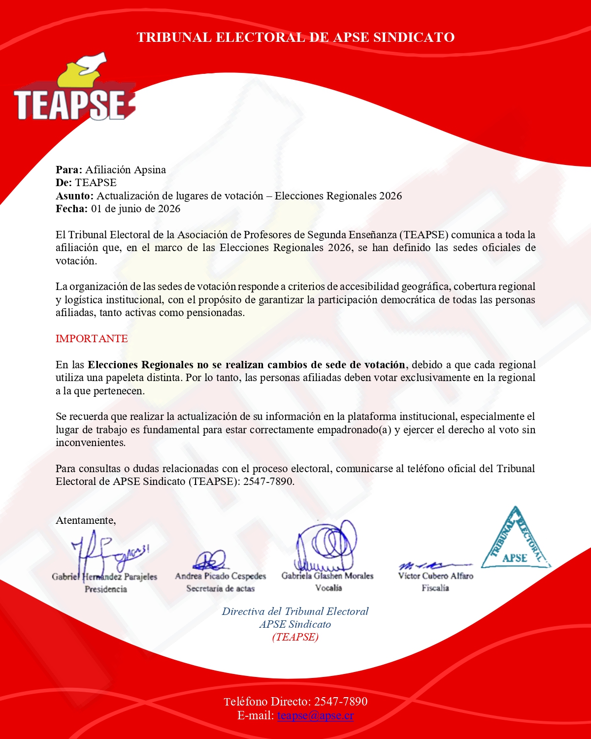 TEAPSE Informa: Actualización de lugares de votación – Elecciones Regionales 2026