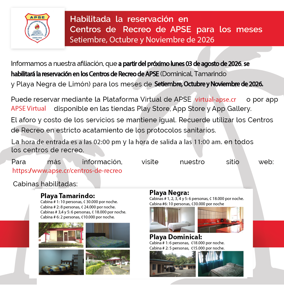 Habilitada la reservación en los Centros de Recreo de APSE para los meses Setiembre, Octubre y Noviembre de 2026