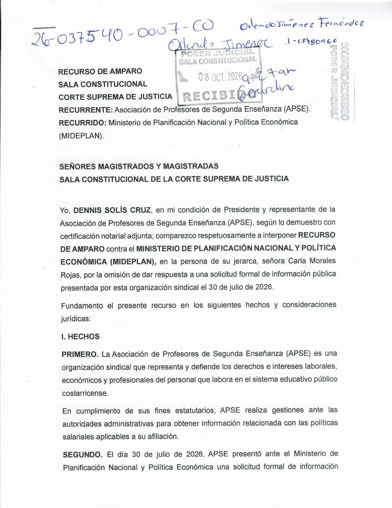 APSE presenta recurso de amparo contra MIDEPLAN por no contestar una solicitud de información sobre política salarial para el sector público